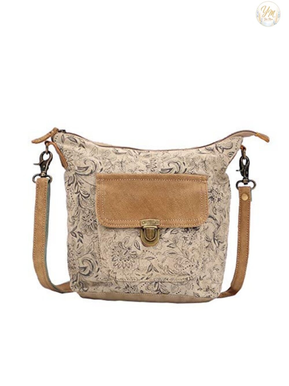 Floral Women Canvas Shoulder Bag Genuine Buffalo Leather Handbag